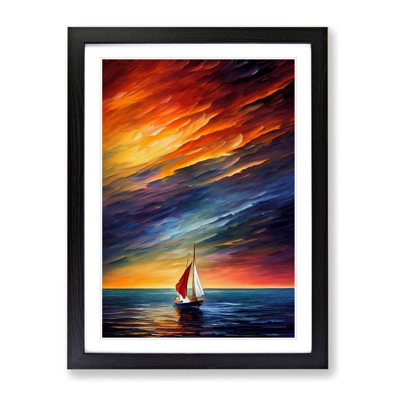Boat At Sunset No.2 - Single Picture Frame Painting, 64cm H x 46cm W x 2cm D, Black