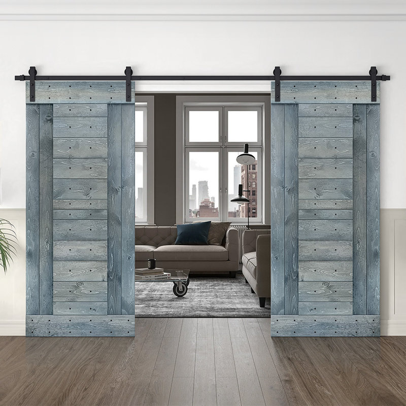 Porte de grange à panneaux et en bois avec quincaillerie d'installation, 72 po x 84 po, Bleu denim