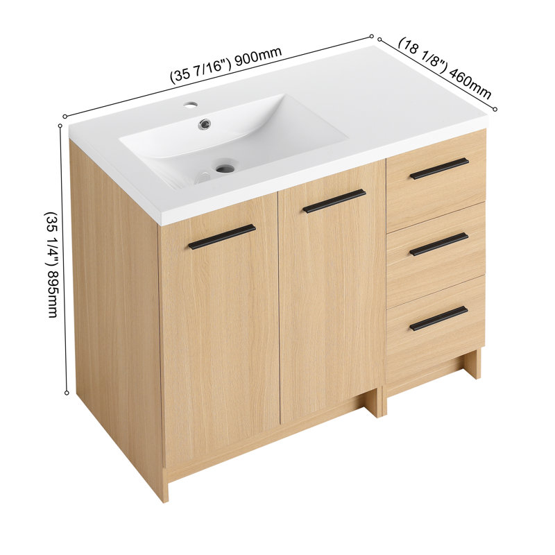 Meuble-lavabo 36 po avec lavabo en résine gauche, deux portes et trois tiroirs, autoportant