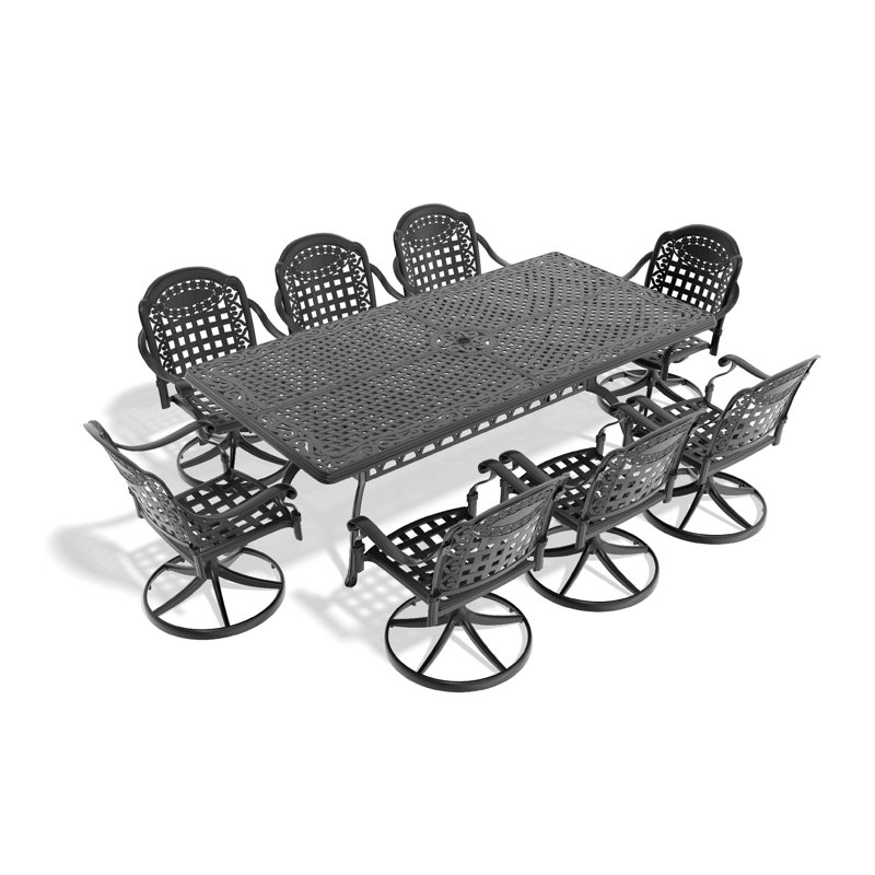 9-Piece All-Weather Cast Aluminum Dining Set, Include 8 Swivel Chairs And Rectangular Table With Black Frame