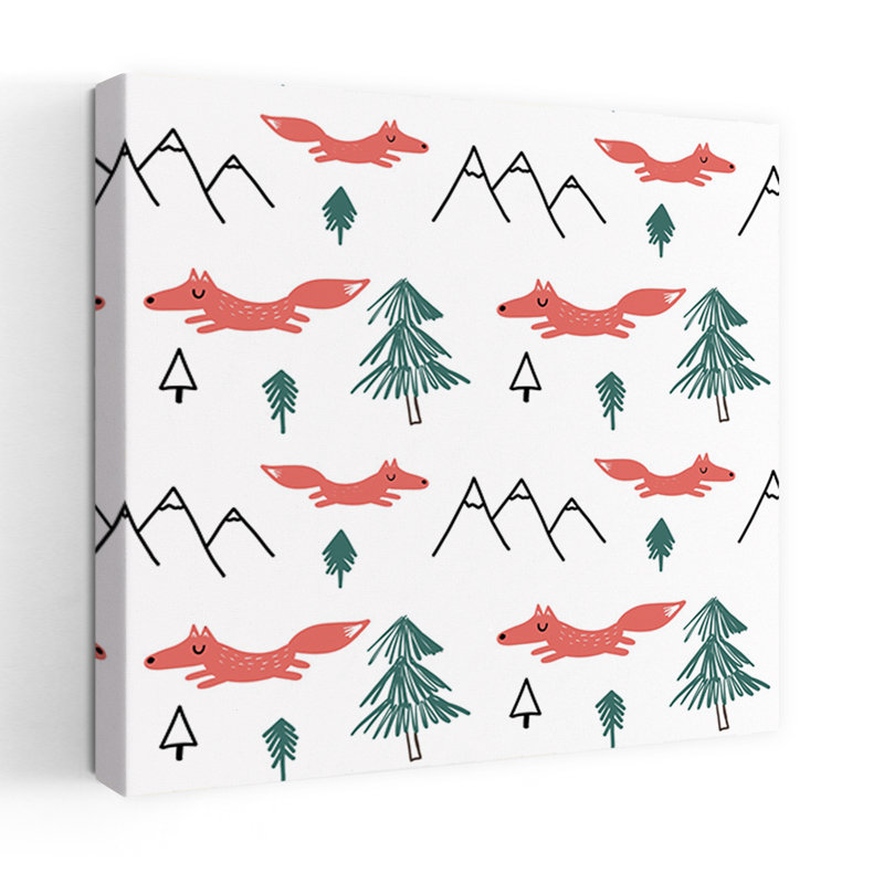 Affiche murale représentant un renard mignon dans une forêt de pins abstraite et ludique, avec un renard dans les montagnes