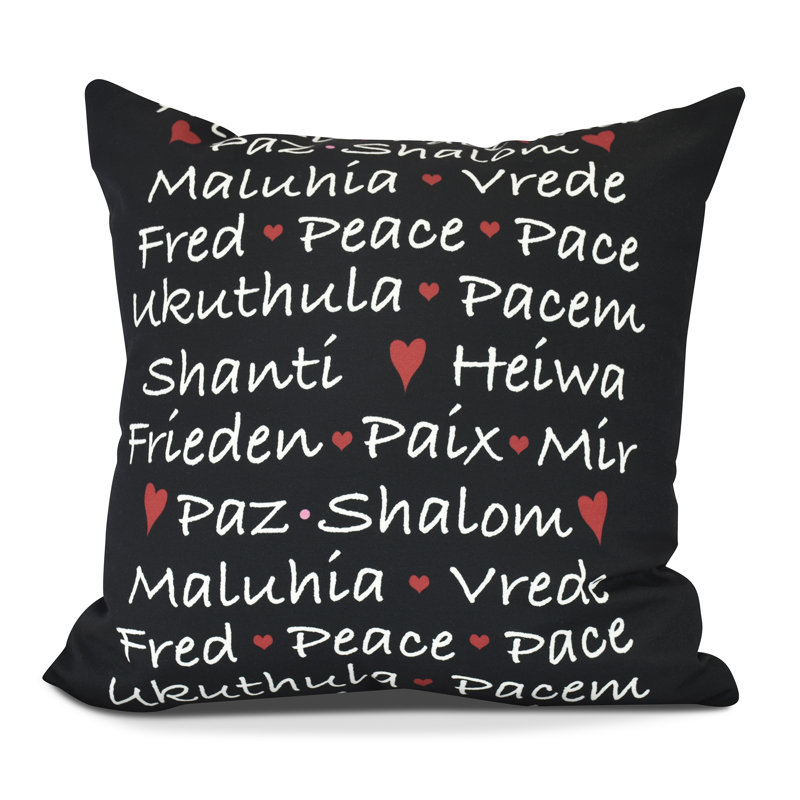 Coussin décoratif extérieur mots de la paix, H 18 po x l 18 po, Noir