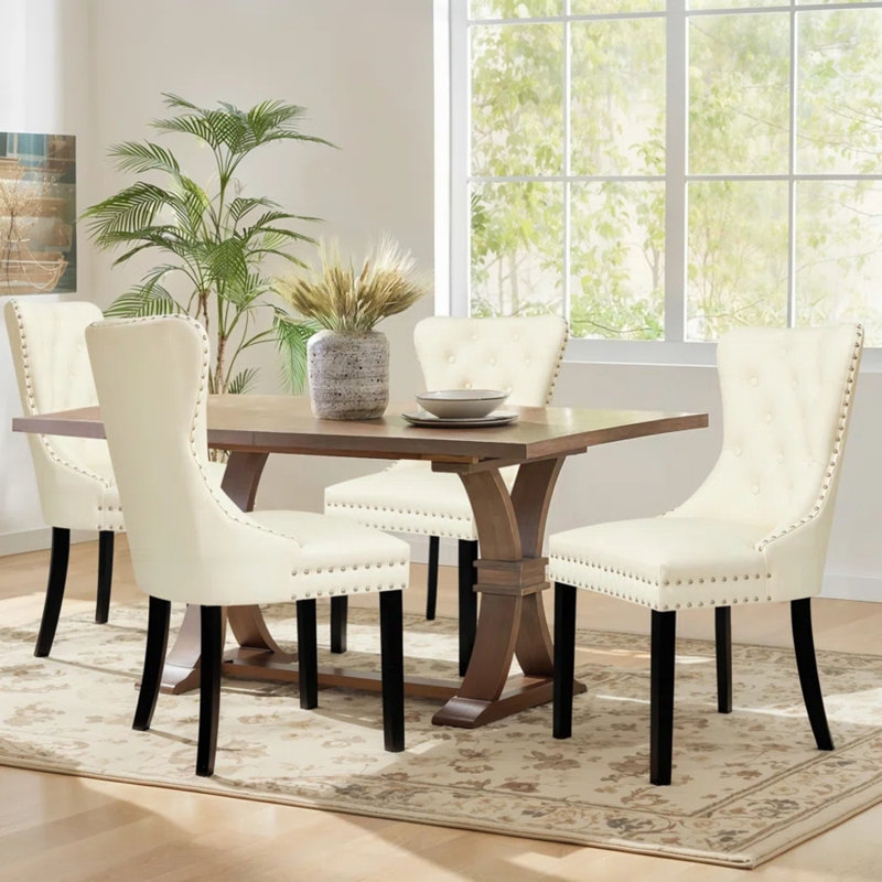 Tufted Leather Upholstered Wing Back Parsons Chair (Set Of 4), 4, White/Black