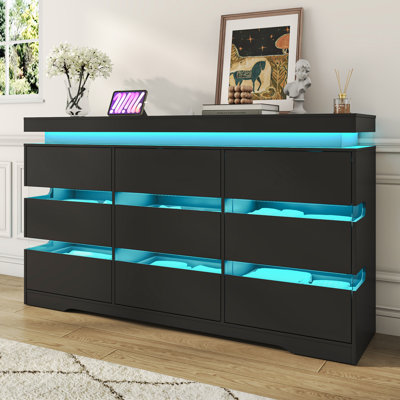 Modern 63 Inch 9-Drawer Dresser With LED Lights & USB Charging Station,  Large Storage Closet Organizer Cabinet For Bedroom, Living Room, Entryway