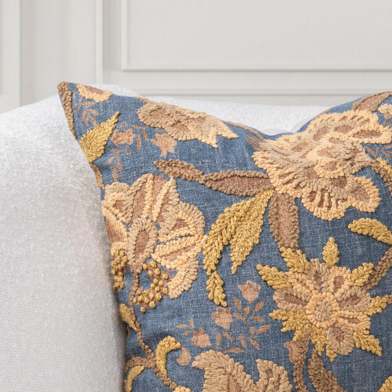 Anika Linen Blend Embroidered Throw Pillow, Blue Sea
