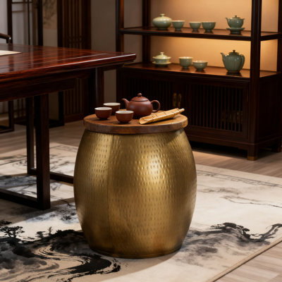 Rustic Brass Drum Side Table With Lift-Top Wood Surface And Hidden Interior Storage For Living Room