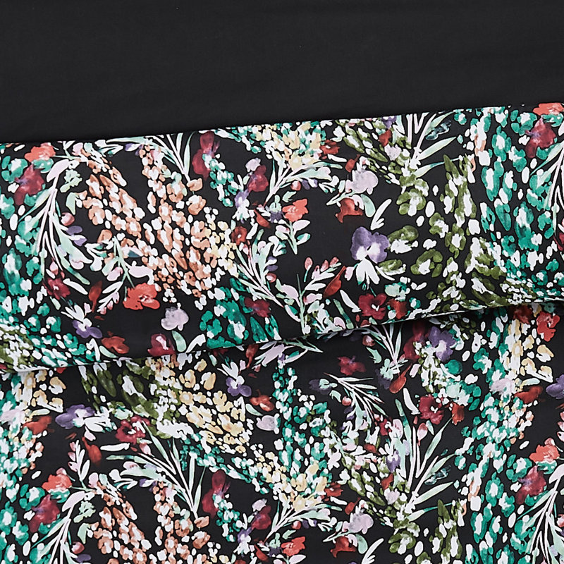 Full Black Cotton Sateen Duvet Cover Set with Floral Design