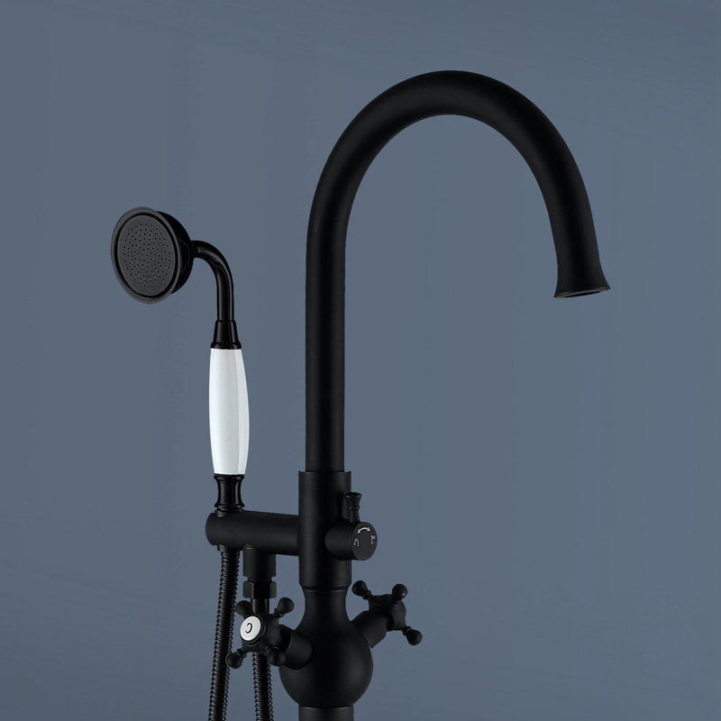 Topcraft Double Handle Floor Mounted Freestanding Bathtub Faucet Tub Filler with Handheld Shower, Matte Black, Matte Black