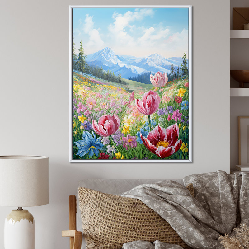 " Purple Tulips On Mountain Charm II ", White Floater Framed, 40" H x 30" W x 1.5" D