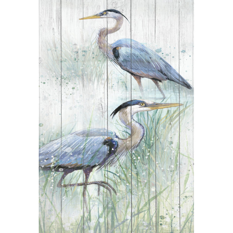 «Seaside Heron pair I» par Studio W - peinture sur toile tendue, H 30 po x l 20 po, Cadre doré simple, Non