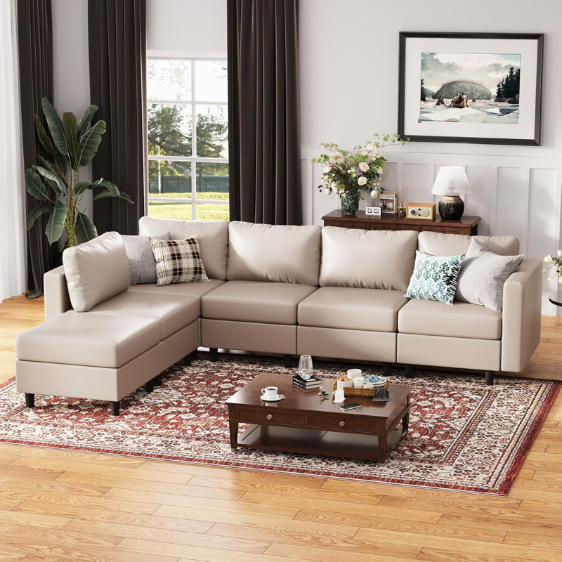 Canapé modulaire réversible en L 6 pièces avec siège de rangement 118,5 po en similicuir gris clair, Similicuir gris pâle