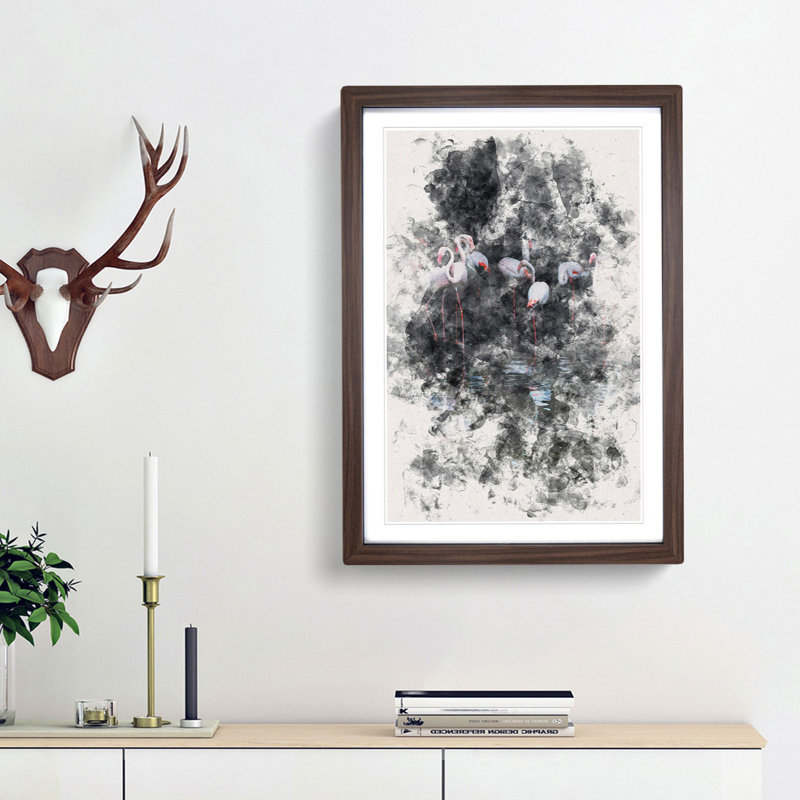 Reflection of Flamingos - Picture Frame Painting Print, 33cm H x 24cm W x 2cm D, Walnut Framed