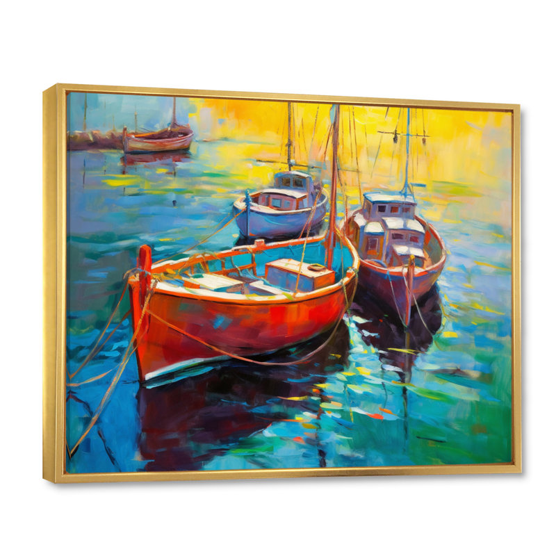 Trois bateaux dans le port II - art mural port côtier, H 30 po x l 40 po x P 1,5 po, Cadre flottant doré