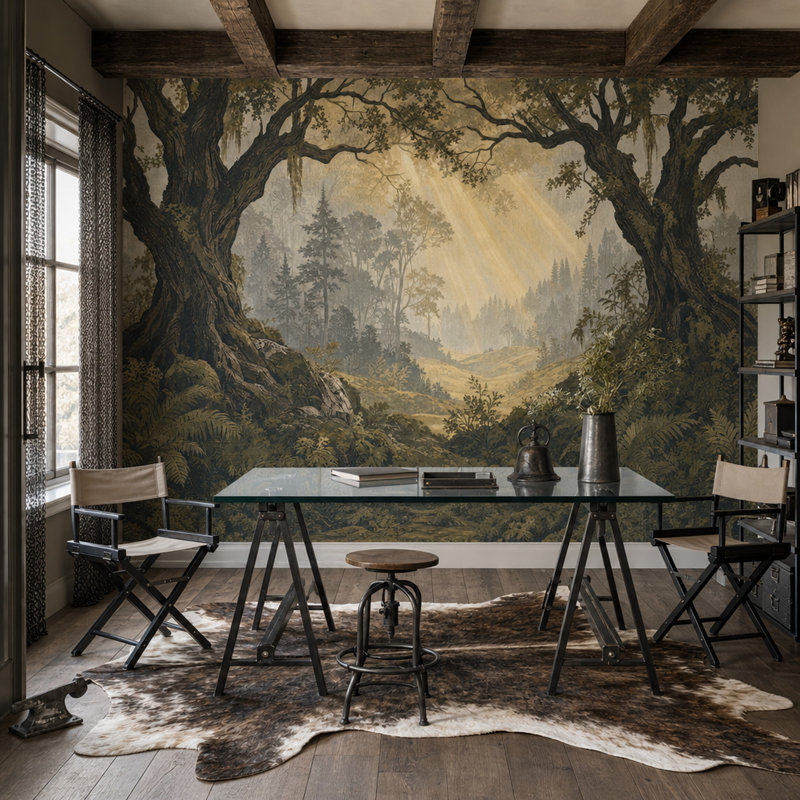 Papier peint forêt avec rayons de soleil, 120 po x 96 po, Texturé non collé