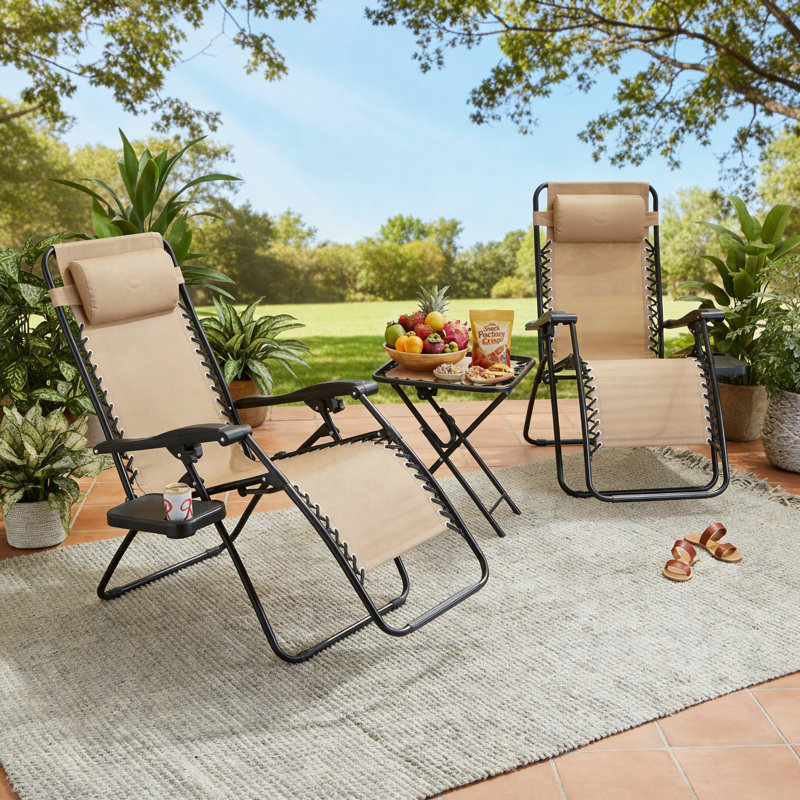 Beige Outdoor Zero-Gravity Folding Recliner Two-Piece Set, Adjustable With Cup Holder, Side Table, And Headrest; Weather-Resistant And Durable.