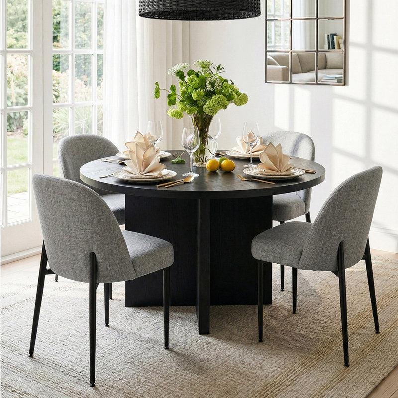 Ensemble de salle à manger rond noir moderne avec 4 chaises rembourrées, Ensemble de cinq pièces : table, quatre chaises