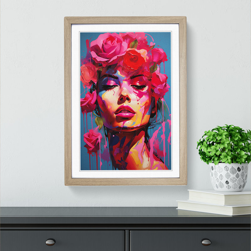 Rose Pop - Single Picture Frame Print on Wood, Oak, 34cm H x 25cm W x 2cm D