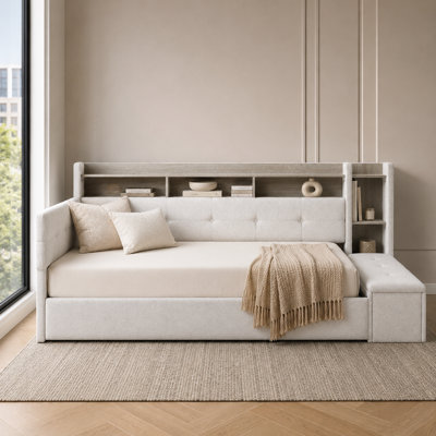 Upholstered Daybed With Trundle, LED Charging Shelf, Footboard Bench, Contemporary Modern, Living Room