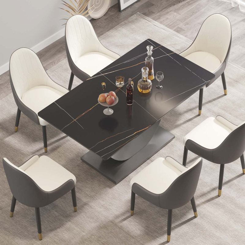 Kentrez Stone Top Metal Base Dining Table, 35.43" W x 63" L, Black