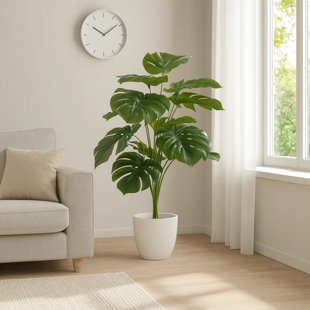 Zerry faux arbre Monstera, 12 grandes feuilles vertes réalistes, pot blanc