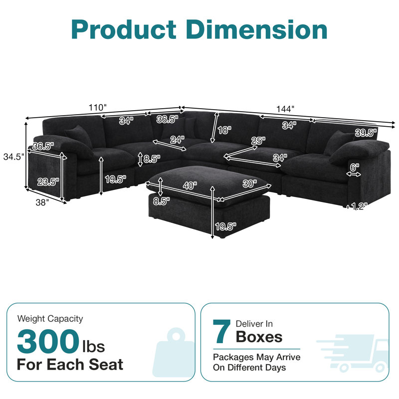 7 Piece 144" Chenille Sectional Sofa Oversized Modular Reversible Deep Seat Cloud Couch With Corner & Removable Ottoman