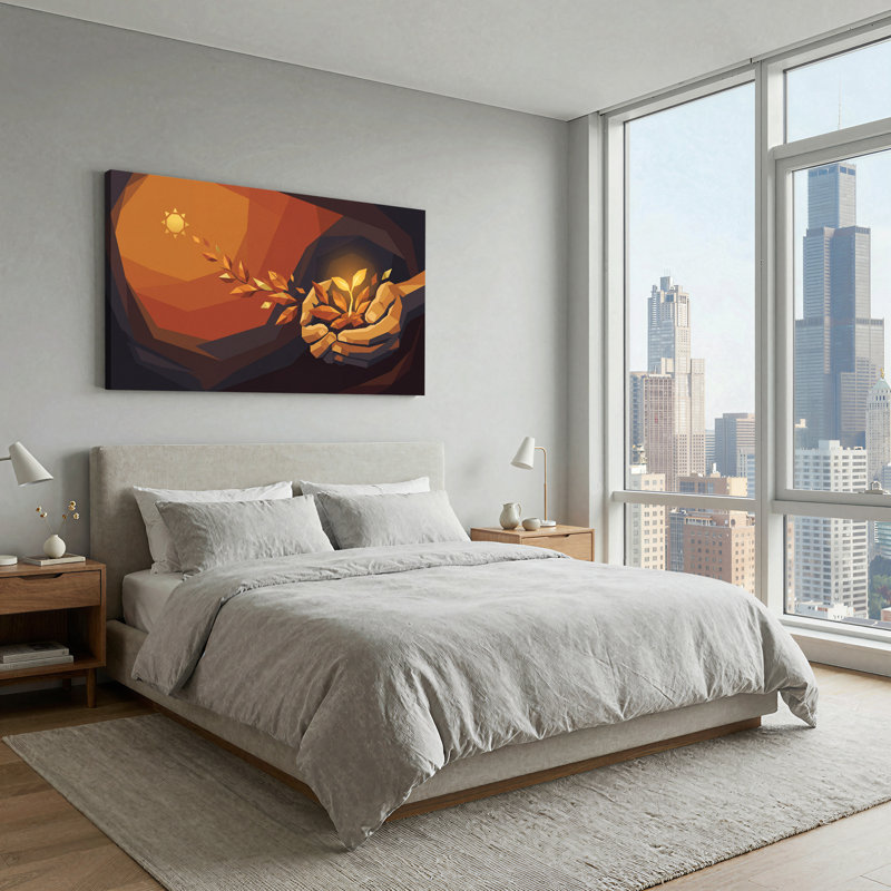 «Geometric Hands» tenant des feuilles dans un ciel orange, art mural sur toile, 58“W x 28”H