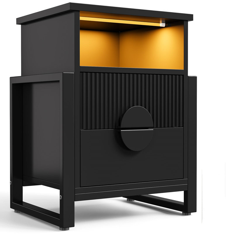 Wrought Studio™ 23.4'' Tall 2 -drawer Nightstand With Charging Station And Led Lights, Accent Bed Side Table And End Table With Open Storage