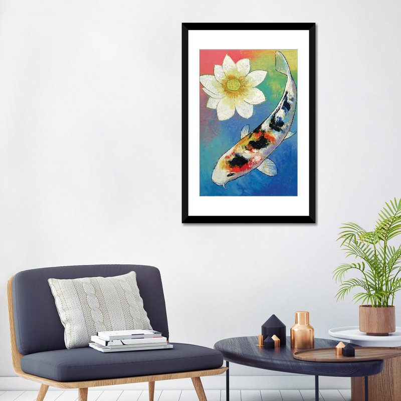 «Koi and White Lotus», reproduction d'art sur toile, Papier d'art encadré noir, Blanc, H 32 po x l 24 po x P 1 po