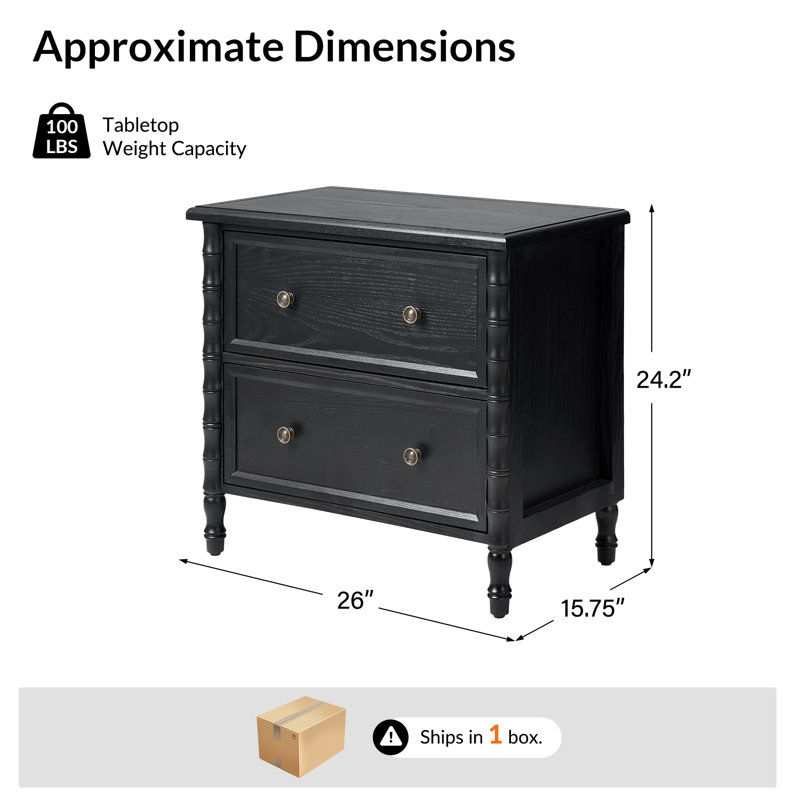 Lucious Transitional 26''W 2-Drawer Spindle End Table with Charging Station and Simple Assembly, Black