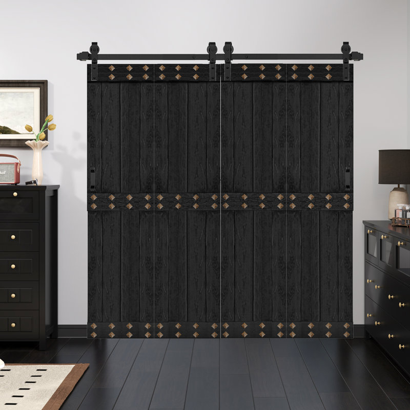 Porte de grange pliante en bois massif de style Mid-Bar 4 panneaux avec quincaillerie - assemblage requis, Ébène