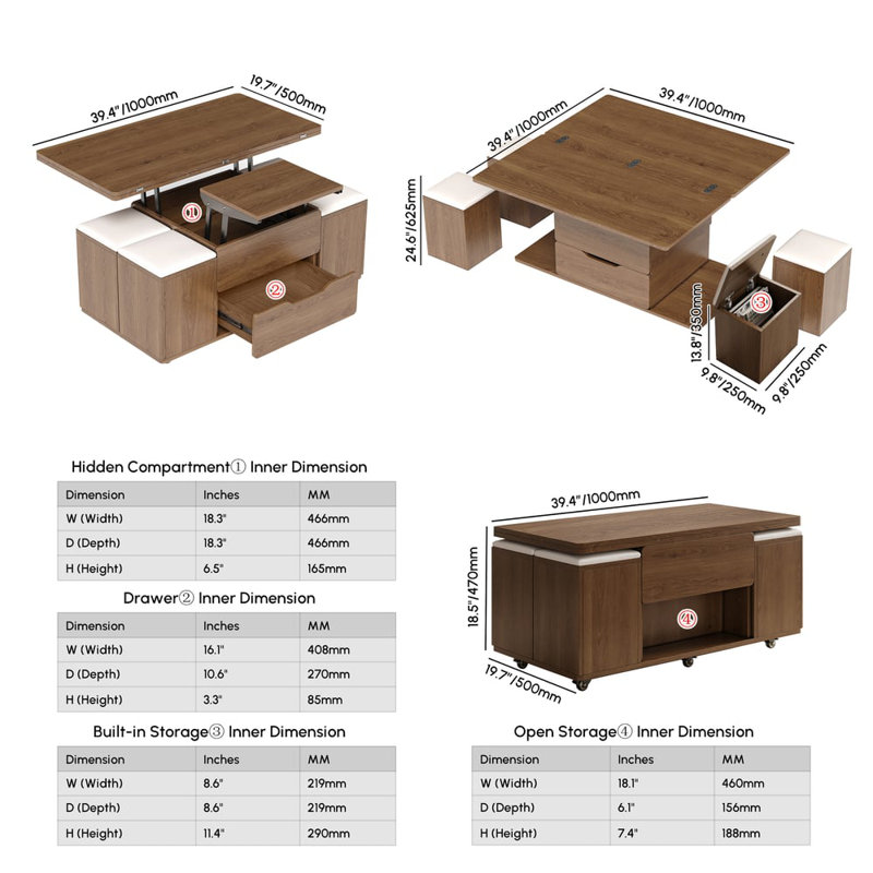 Table basse 39 po avec 4 tabourets et rangement, Bois brun, Bois brun