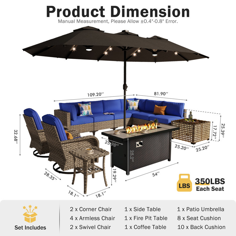 Ensemble de 12 meubles de patio extérieur avec table de foyer 54 po, table basse à lumière solaire et parasol double face 14,5 pi avec base, siège en osier PE pour 8