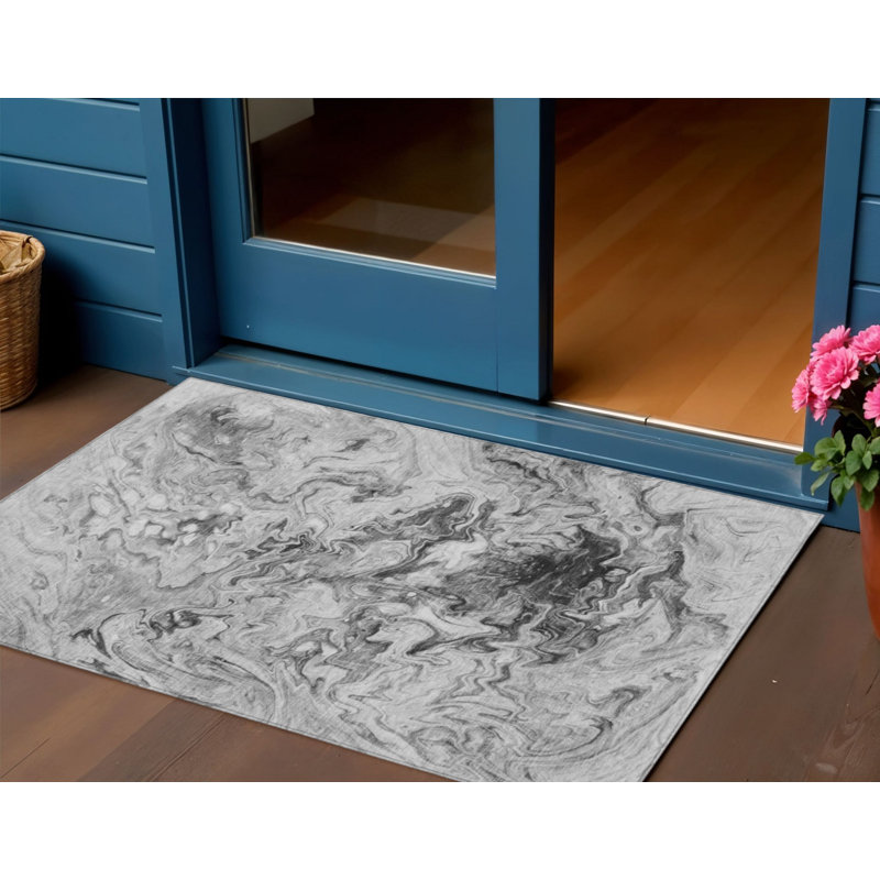 Tapis extérieur lavable abstrait gris anthracite et argent 3 pi x 5 pi