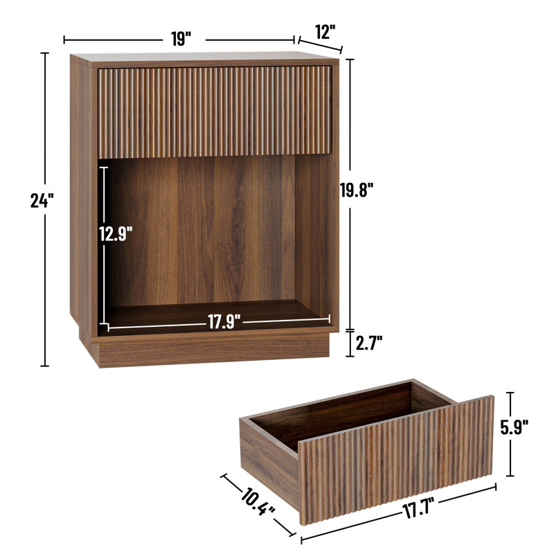 Fluted Nightstands Set Of 2, Modern Mid - Century  Bedside Table With Drawer & Open Storage Shelf, End Table For Bedroom, Living Room, Office, Sofa Side Couch  (White+Oak)