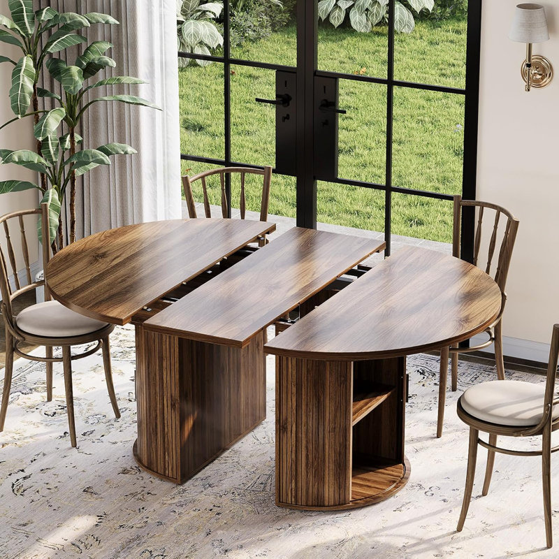 Table de salle à manger extensible ronde, 47,5 "à 63" Table de ferme moderne avec rangement, noyer, Brun