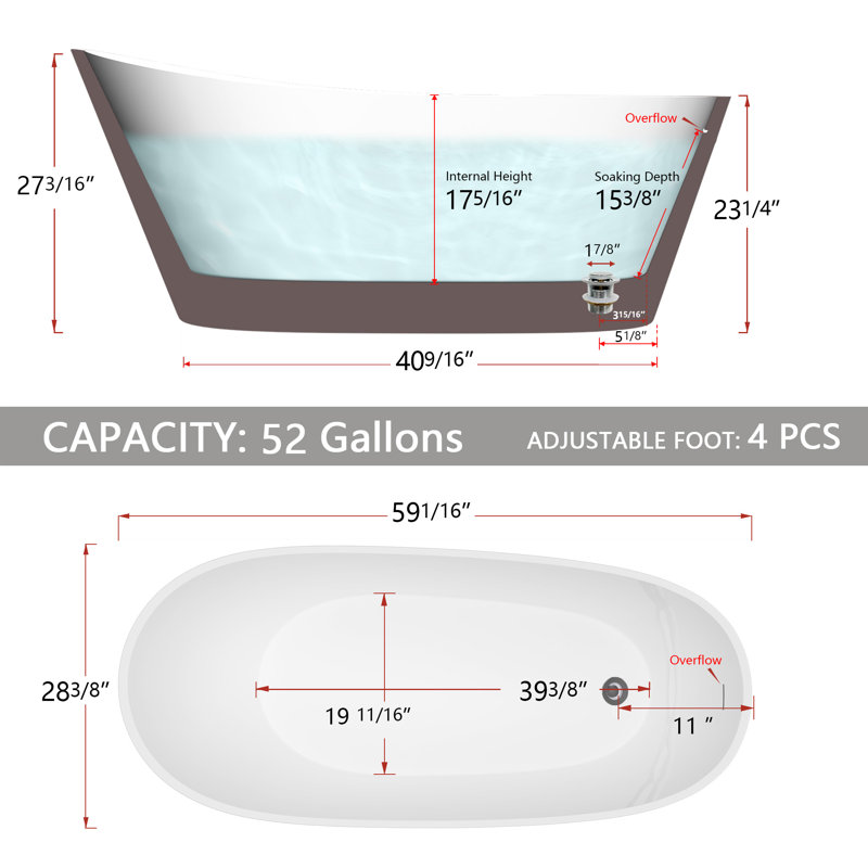 59" x 29" Freestanding Soaking Acrylic Bathtub, Matte Gray