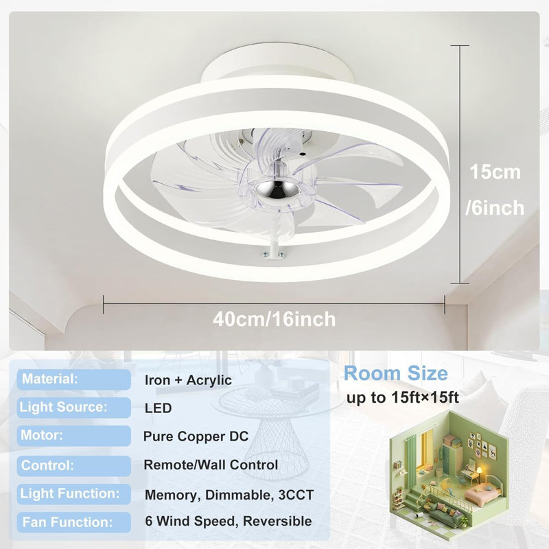 Ventilateurs de plafond modernes avec lumière et télécommande, ventilateurs de plafond encastrés à intensité variable de 16 po à 6 vitesses, ventilateur de plafond réversible silencieux pour chambre à coucher, salon, cuisine (blanc)