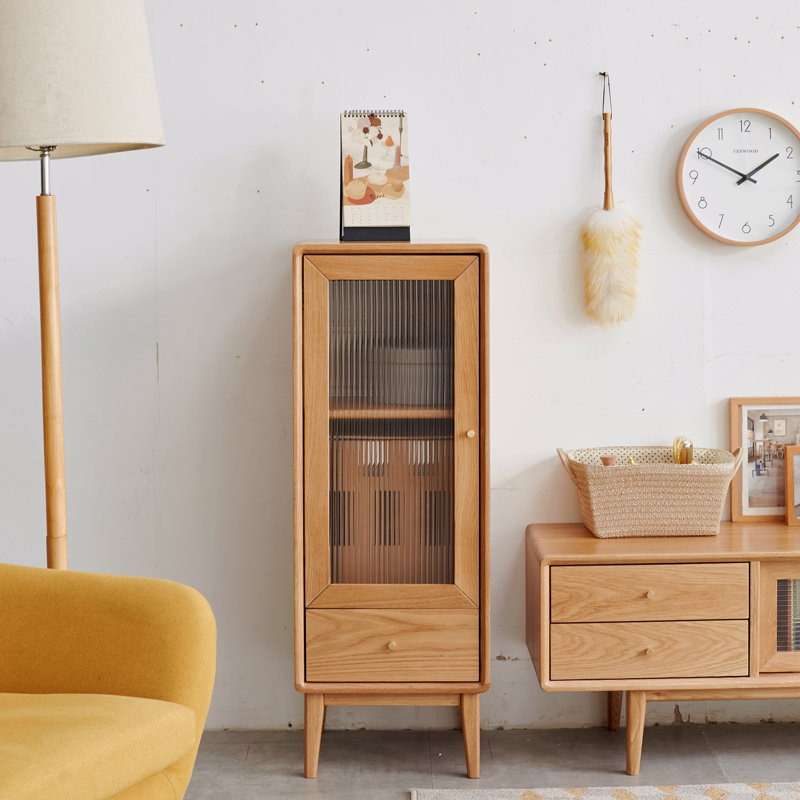 Solid Oak Storage Cabinet For Living Room - Free-Standing Corner Cabinets Storage Table With Vintage Glass Door,2 Shelves,1 Drawers & Brass Handle