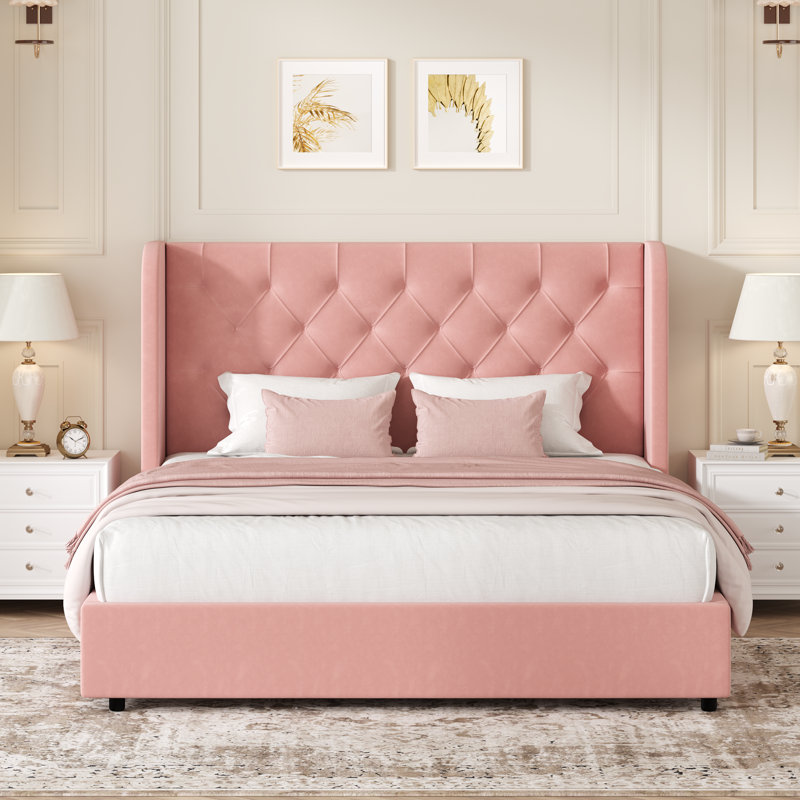 Lit plateforme tapissier Kewania Bedback, Grand lit, Rose