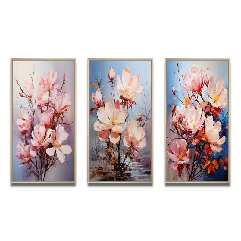 «Pink White Magnolias Romantic Impression», 3 pièces, Cadre naturel flottant, H 40 po x l 60 po