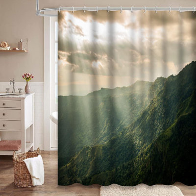 Sunset Mountains Landscape Tub North Thailand Nature Mountain Shower Curtain with 12 Hooks