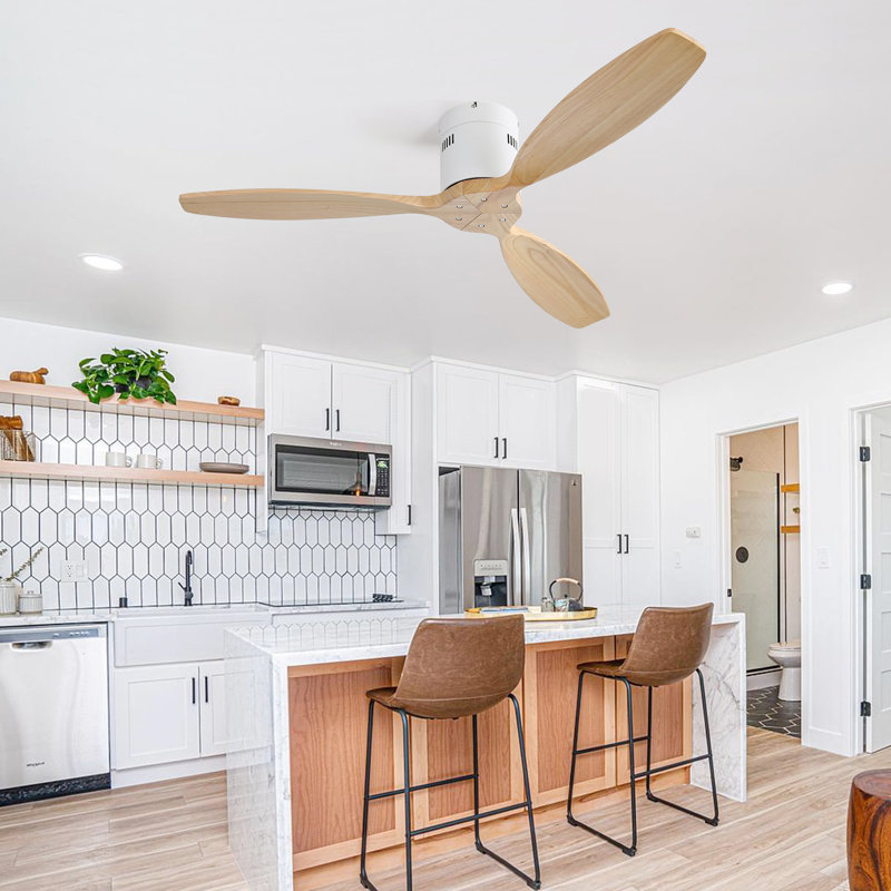 Rachel 52" 3-Solid Blade Propeller Flush Mount Ceiling Fan Without Light, Light Yellow Wood