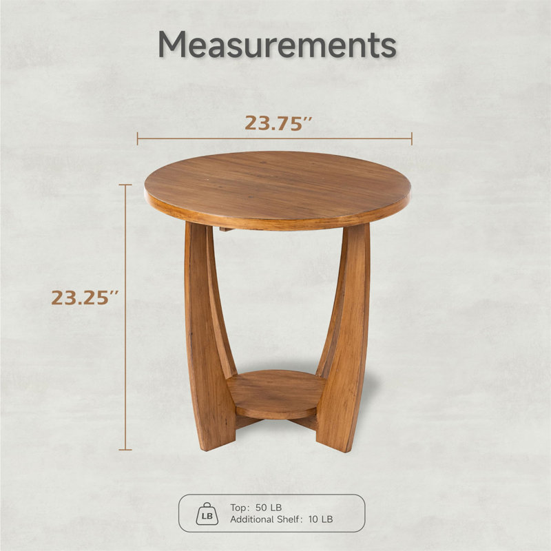Cabrero Farmhouse Rustic Round End Table with Shelf, 23.27" H x 23.74" W x 23.74" D, Caramel Brown