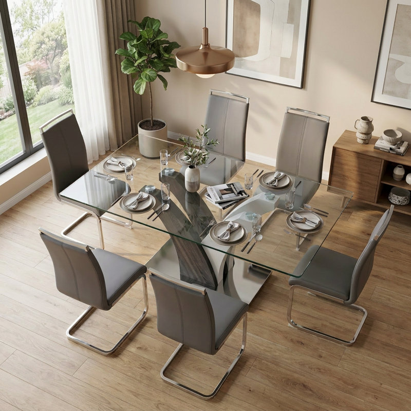 Modern 7-Piece Dining Set with Faux Leather Chairs and Rectangle Tempered Glass Table, Gray