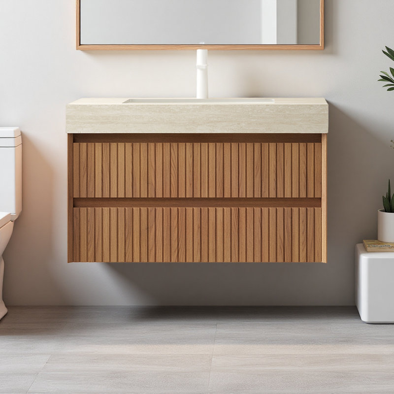 Meuble-lavabo mural 36 po avec lavabo, armoire de rangement flottante rayée avec 2 tiroirs, comptoir en pierre frittée à motif travertin et lavabo encastré en céramique