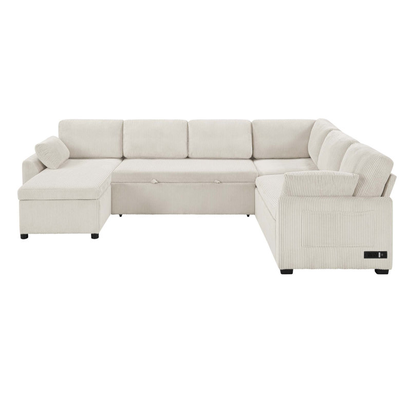 Convertible Sectional Sofa with Reversible Chaise and Integrated Power, Beige Corduroy