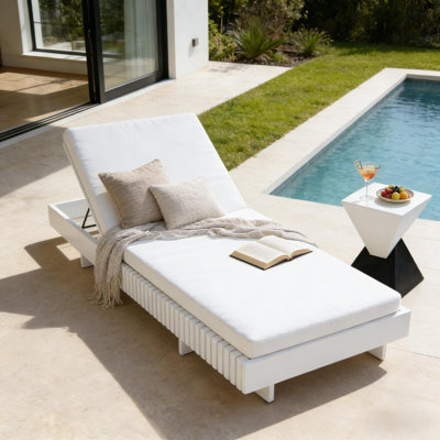 Acacia Solid Wood Outdoor Chaise Lounge with Water Repellent Cushion,400lbs Capacity, Modern Patio Sun Lounger for Garden,Poolside