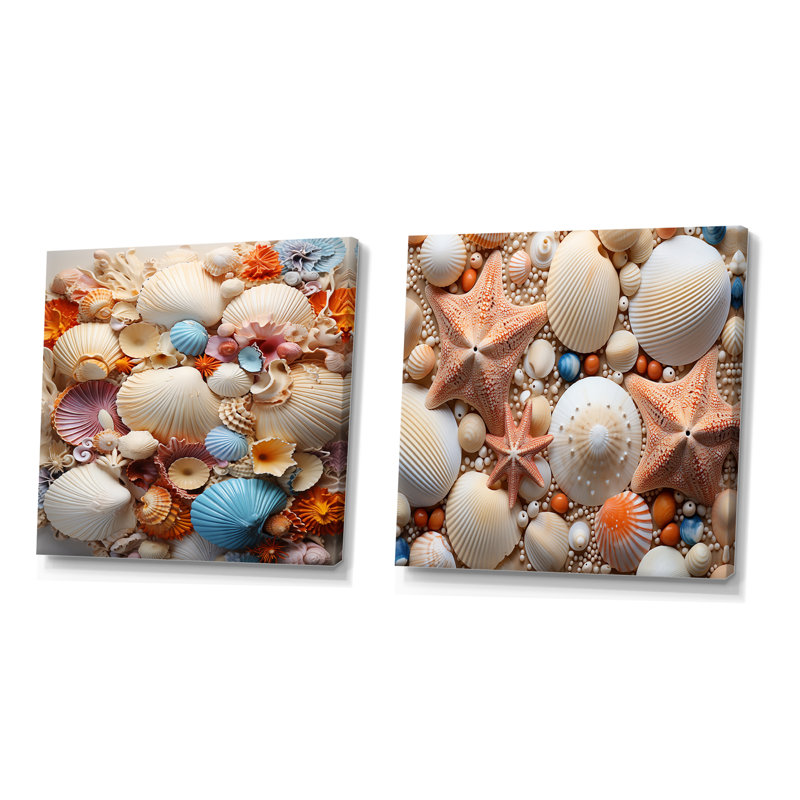 Photo de plage, coquillages ensoleillés - ensemble de 2 carrés de plage, Toile tendue, H 16 po x l 33 po