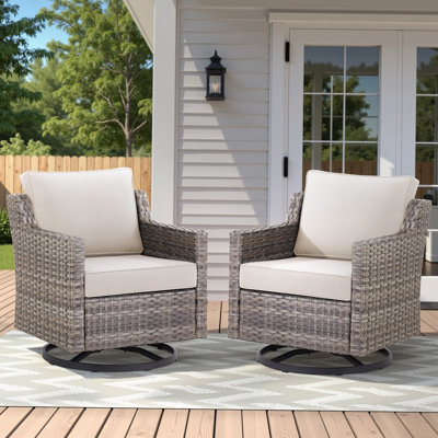Ensemble de 2 chaises de patio à bascule pivotantes pour l'extérieur, en osier gris, idéales pour le porche, la piscine, la terrasse et la cour en beige