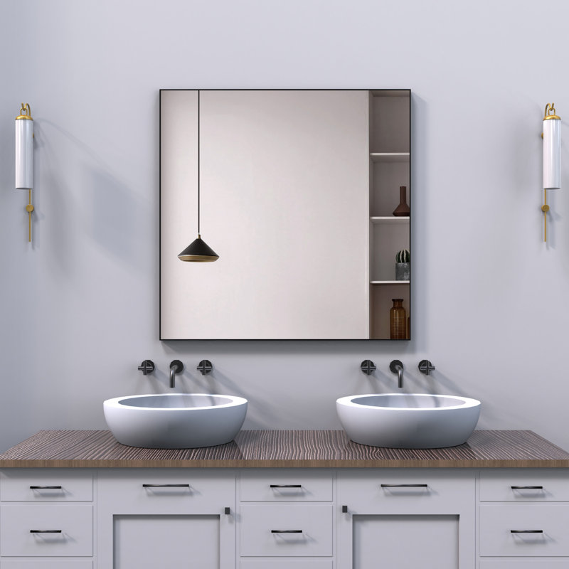 Grand miroir mural de 36 po x 36 po, cadre en aluminium noir, monté, vue panoramique, cadre moderne léger et sécuritaire de 36 po x 36 po pour salle de bain, salon, chambre à coucher, installation verticale ou horizontale